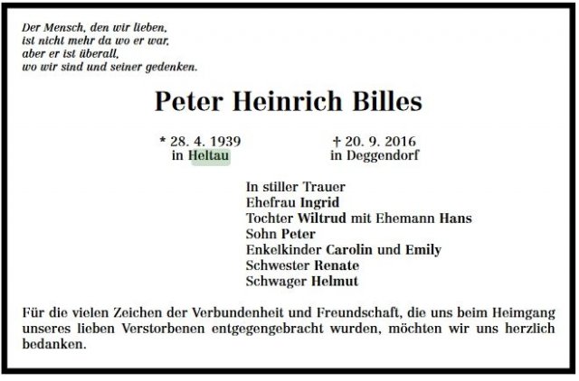 Billes Peter 1939-2016 Todesanzeige